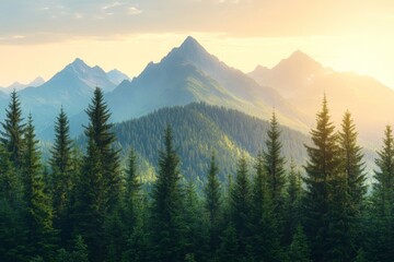 Fototapeta premium Majestic mountain landscape with evergreen trees under a warm sunrise in a serene wilderness