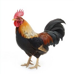 Fototapeta premium Majestic Rooster Standing Isolated on White Background, Colorful Farm Animal with Bright Red Comb and Wattle