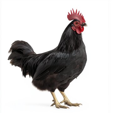 Elegant Black Australorp Rooster Standing Isolated on White Background, Side View of Farm Poultry