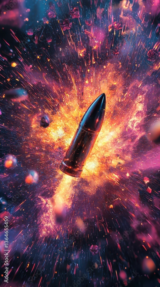 Poster explosive bullet surrounded by energy fields and abstract background