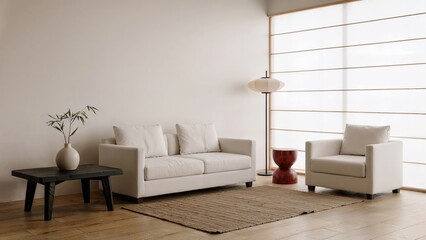 Generative AI, Minimalist Japanese-style living room with white sofa