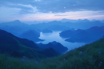 Fototapeta premium Majestic mountain landscape at twilight with serene lake and starry sky in the distance