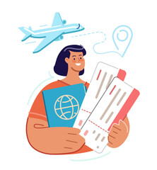Tourist woman holding passport and boarding pass. Airline ticket for traveling by plane. Travel flat illustration