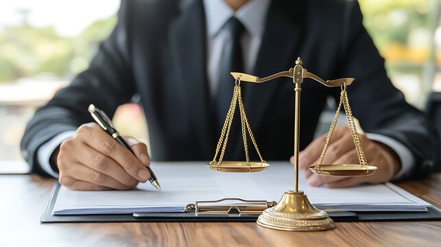 Lawyer signing legal document with scales of justice.