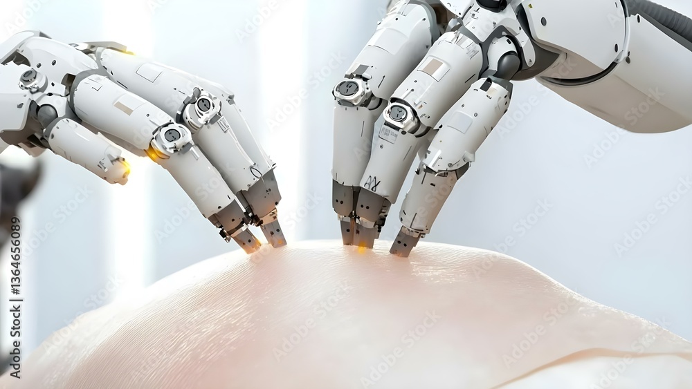 Poster two robotic hands gently touching a human-like surface, possibly depicting advanced technology or ro
