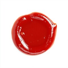 Single Drop of Smooth Red Ketchup or Tomato Sauce Isolated on White Background, Overhead View Condiment