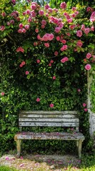 Charming Garden Bench Surrounded by Blooming Roses in Sunlight