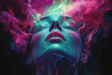 Vibrant ethereal portrait of a woman with colorful hair and cosmic elements surrounding her