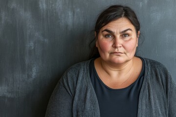 Fototapeta premium Middle-aged woman with serious expression poses in front of gray background during indoor session at a modern studio setting
