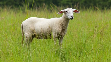 Obraz premium White sheep grazing pasture, summer field, farm animal
