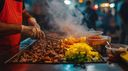 Fototapeta premium Vendor grilling meat for tacos on a street cart, vibrant toppings like salsa and cilantro waiting to be added, moody street lighting, authentic taco making theme