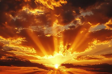 Obraz premium Vibrant sunset with rays piercing through clouds over a tranquil landscape at dusk