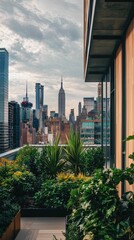 Fototapeta premium Rooftop Garden with Lush Plants Overlooking Urban City View