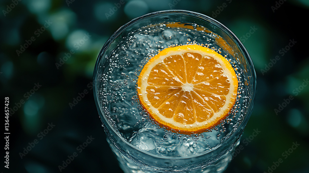 Poster refreshing lemon slice floating in sparkling water, creating vibrant and invigorating drink. bubbles