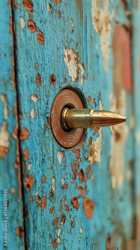 Poster close-up view of weathered wood with bullet embedded in target area