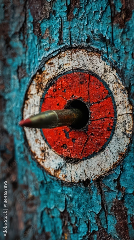 Poster close-up of embedded bullet in weathered targe with textured surface