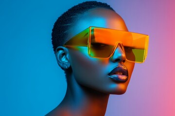 Fashionable model poses with striking oversized sunglasses against a vibrant blue and orange backdrop