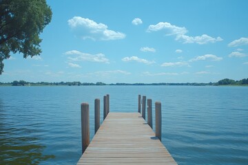Fototapeta premium Tranquil lakeside view from a wooden dock under a clear blue sky during midday