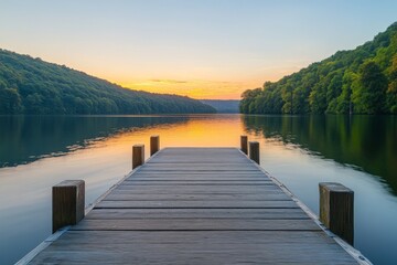 Fototapeta premium Sunset over tranquil lake with wooden dock surrounded by lush hills reflecting on calm water