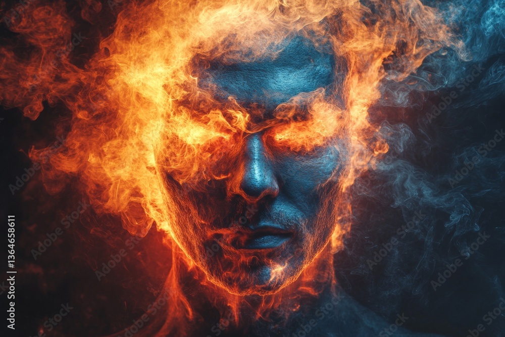 Poster dramatic portrait of a man with fiery smoke engulfing his head in an artistic display of light and c