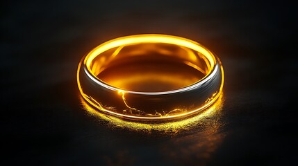Glowing neon wedding ring icon in gold and silver with illuminated band on dark background

