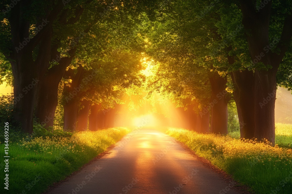 Aufkleber serene pathway illuminated by sunset through lush trees in a tranquil countryside setting