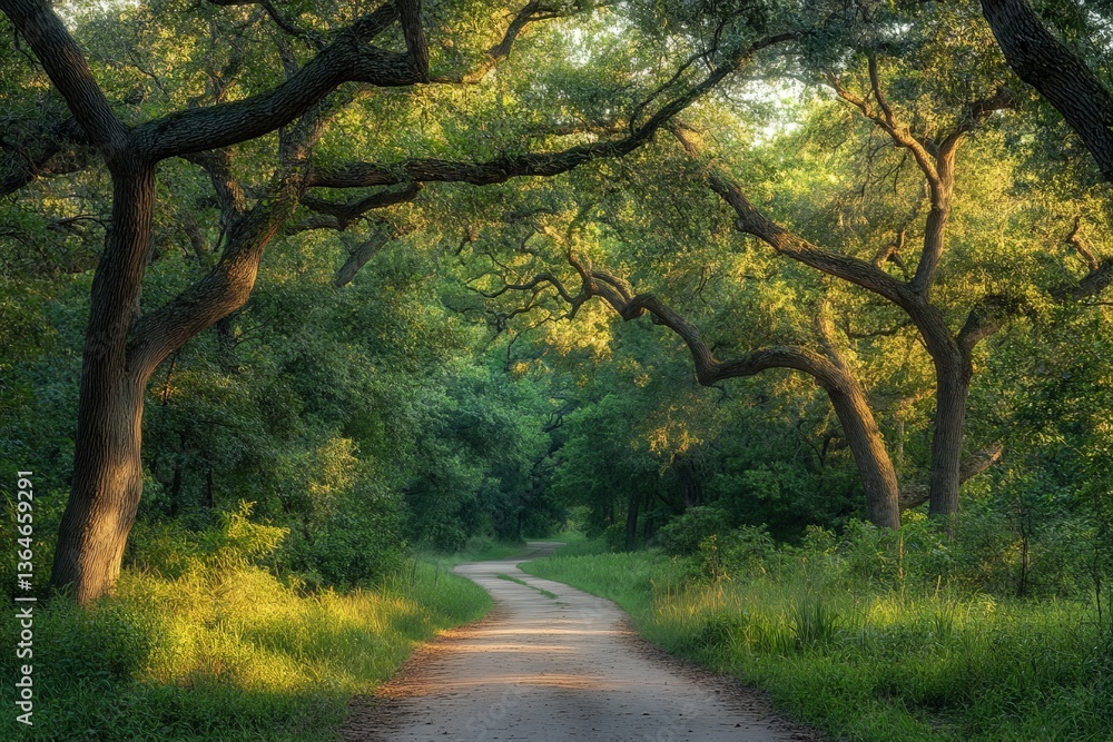 Poster sunlight filters through lush trees along a winding dirt path in the forest during early morning hou