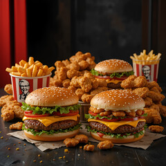 On an elegant and memorable black background, a variety of KFC-style original nuggets and wings, along with realistic and appetizing maxi burgers and cheeseburgers,