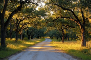 Fototapeta premium Serene dirt road bordered by towering trees under a golden sun at dusk
