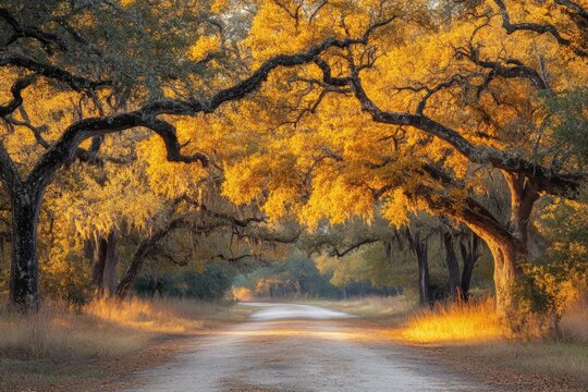 Golden autumn leaves frame a winding dirt road in a tranquil forest setting during late afternoon