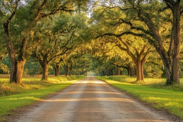 Naklejka premium Beautiful tree-lined dirt road creating a serene atmosphere in a southern landscape during golden hour