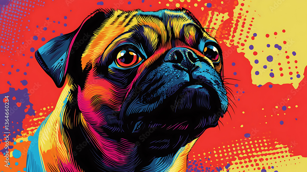 Poster vibrant and colorful abstract interpretation of pug, showcasing bold colors and dynamic patterns tha