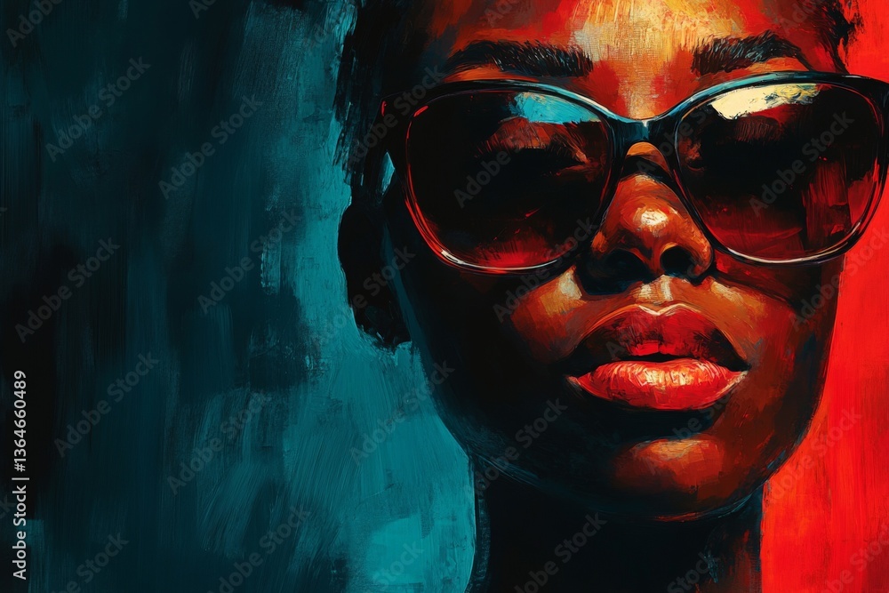 Poster stylish portrait of a woman with sunglasses showcasing vibrant colors and intense expression in an a
