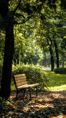 Fototapeta premium Serene Bench in Leafy Park Beneath Dense Green Canopy