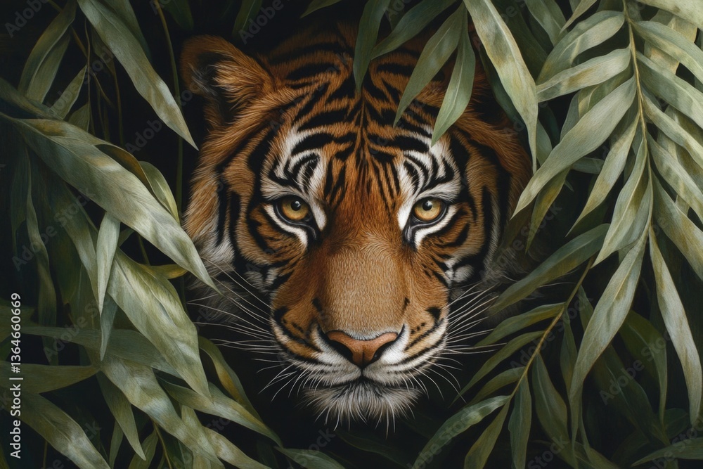 Poster majestic tiger staring intensely through lush greenery in a dense forest during daylight hours
