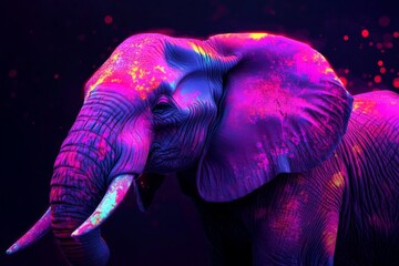 Vibrant elephant in neon colors against a dark background showcasing artistic illumination in wildlife