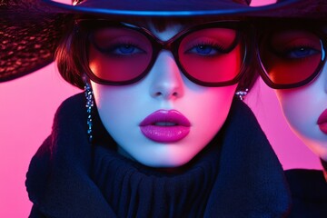 Fototapeta premium Fashion-forward model showcases striking makeup and accessories in a vibrant display of urban style