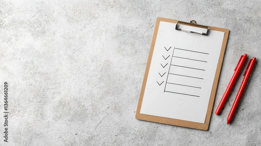 Poster blank checklist on clipboard with two red pens on concrete surface, top view with copy space.