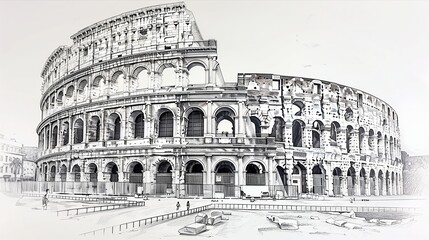 A stunning black and white sketch of the iconic Colosseum showcasing its unique architectural details.