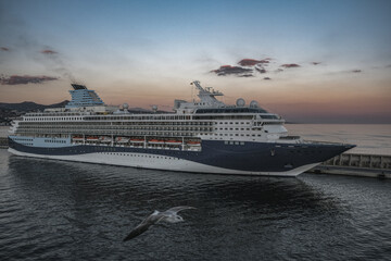 Modern cruiseship cruise ship liner Explorer 2 docked at pier in Malaga, Spain during Mediterranean...