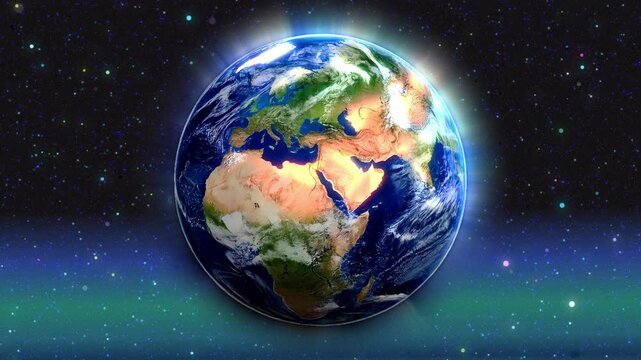 earth in space：Earth and space galaxy animation: Earth zooms in and expands, then zooms out and back to initial Earth size.