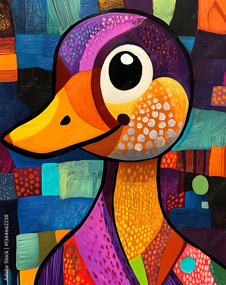 Poster vibrant and colorful abstract painting of duck, featuring bold shapes and patterns. artwork showcase