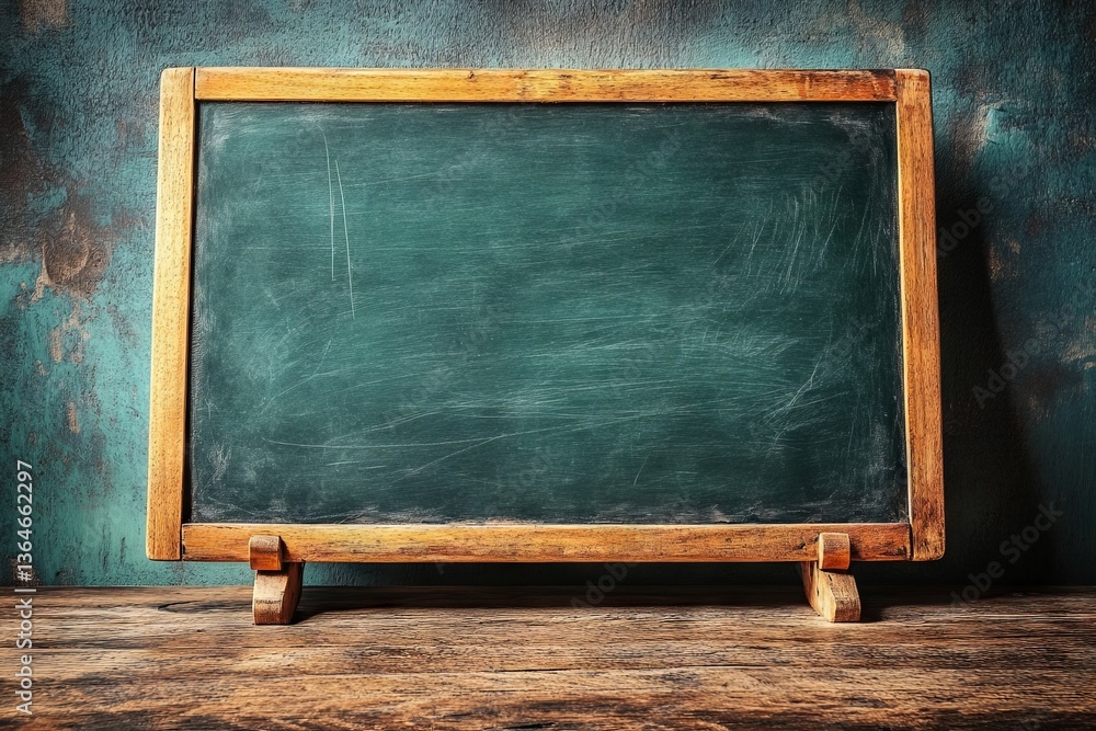 Poster chalkboard resting on a wooden table in a rustic setting with a textured wall background