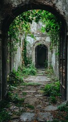 Fototapeta premium Abandoned Archway Surrounded by Overgrown Greenery and Crumbling Walls