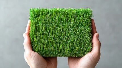A pair of hands holds a rectangular piece of artificial grass, showcasing its vibrant green color and texture against a neutral background, Green Technology.