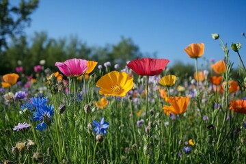 Fototapeta premium Colorful wildflowers bloom in a vibrant meadow under clear blue skies during springtime in a natural landscape setting