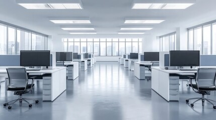 Modern empty office space with workstations, computers, and city view. (1)