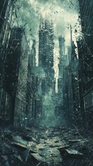 Obraz premium Crumbling Cityscape with Shattered Glass and Dystopian Atmosphere