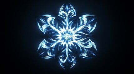 Glowing neon snowflake icon in blue and white with illuminated edges on dark background

