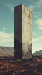 Solitary Crumbling Concrete Monolith Standing in a Barren Landscape